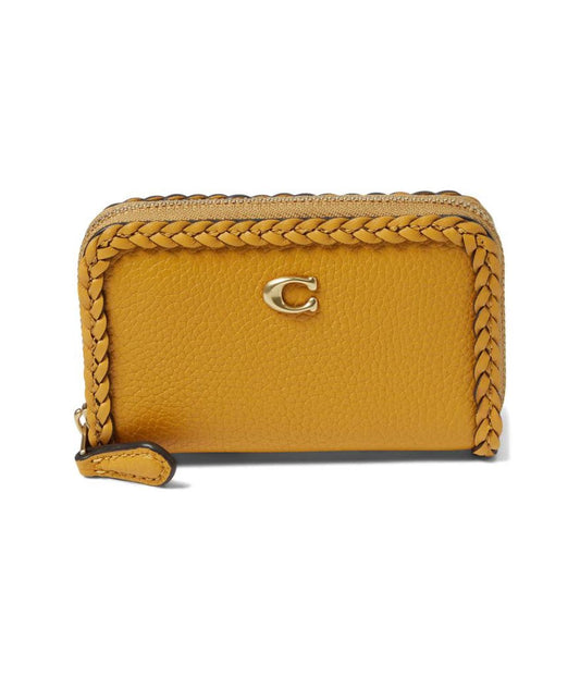 Braided Leather Trim Small Zip Around Card Case
