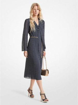 polka dot georgette tie neck midi dress Polka Dot Georgette Tie-Neck Midi Dress