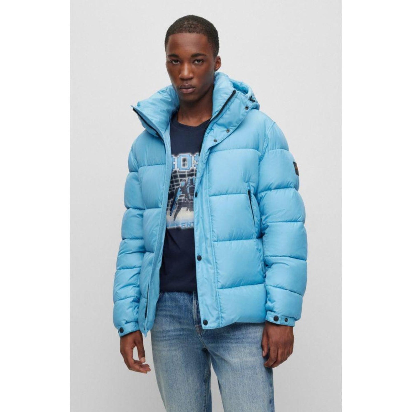 Water-repellent hooded puffer jacket with logo badge