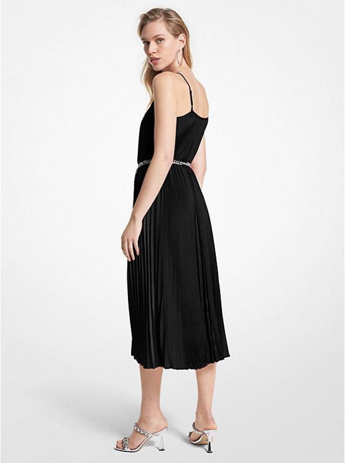Pleated Satin Belted Slip Dress