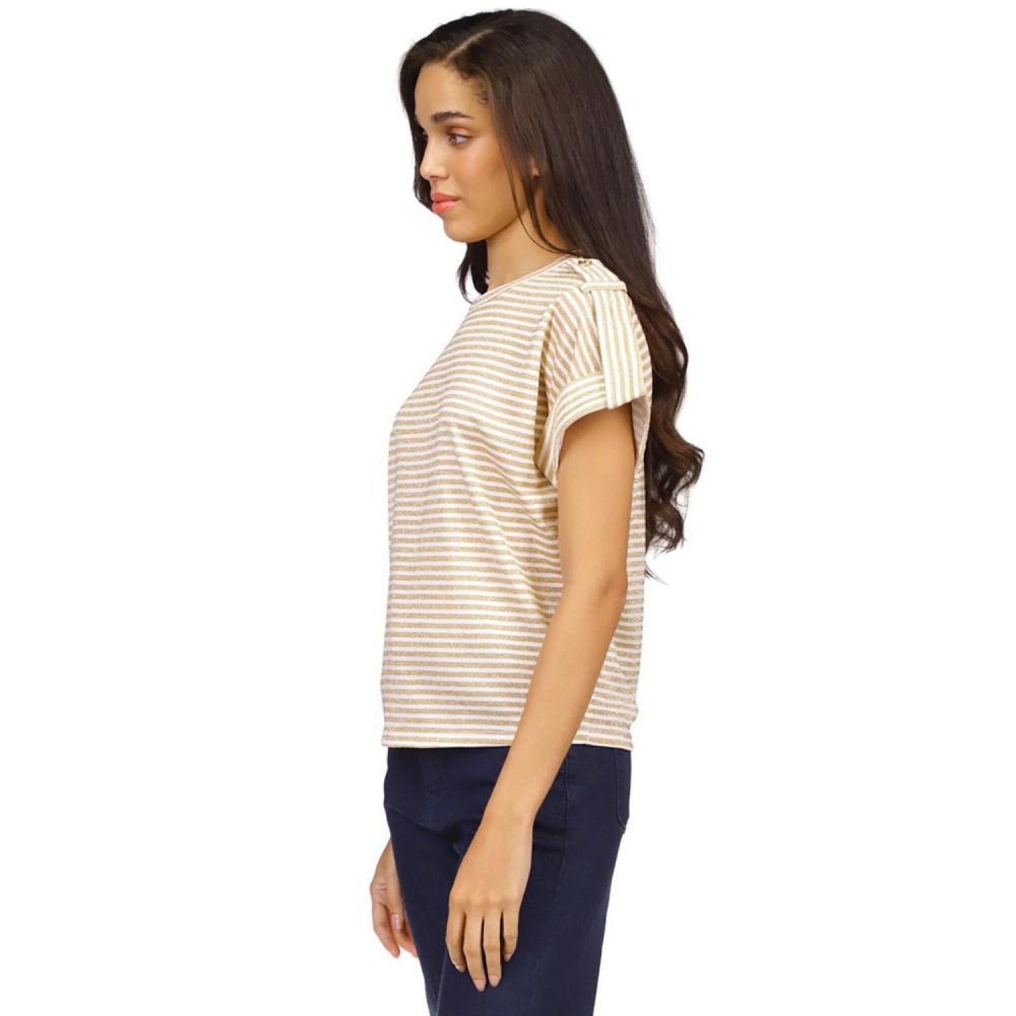 Women's Metallic-Stripe Epaulette Short-Sleeve Top