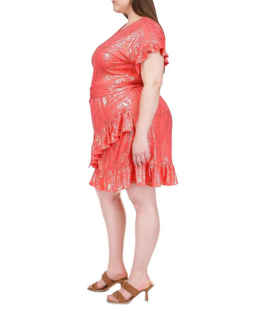 Plus Size Foil Matte Jersey Ruffle Wrap Dress
