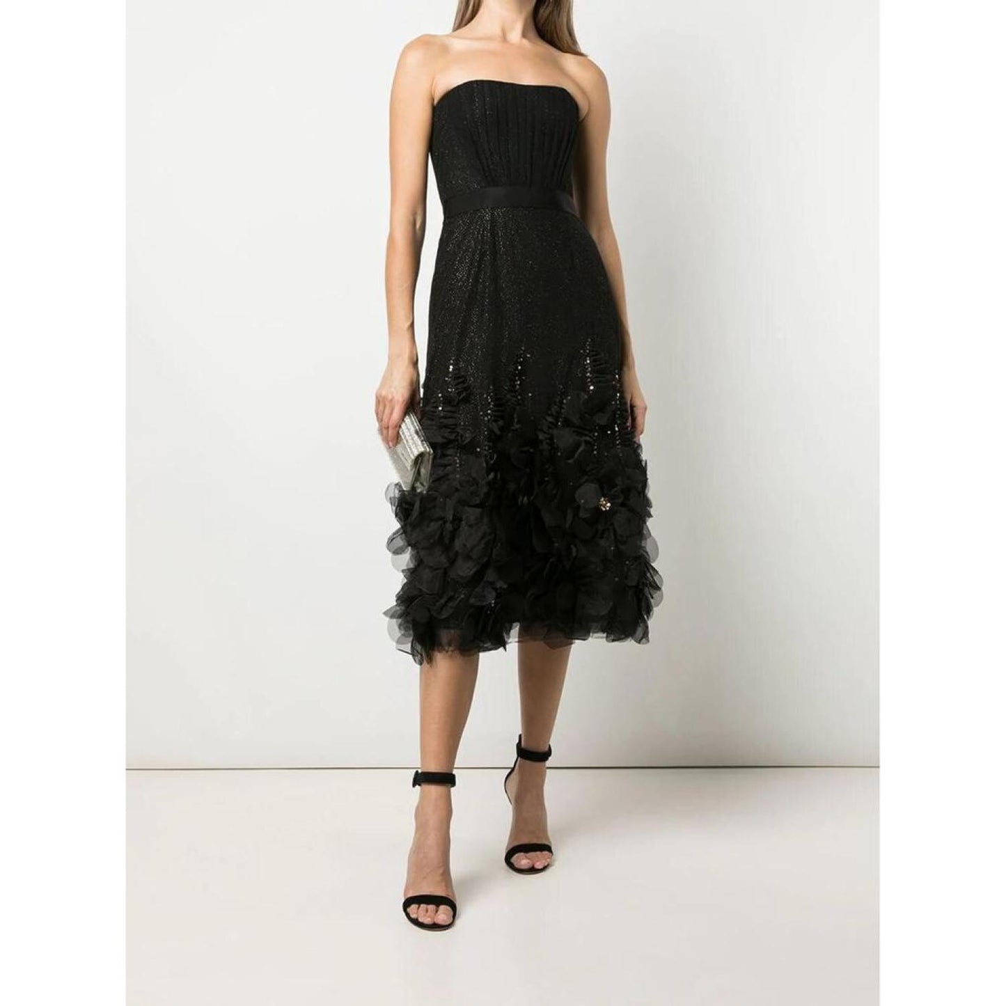 Strapless Glitter Tea-Length Tulle Gown