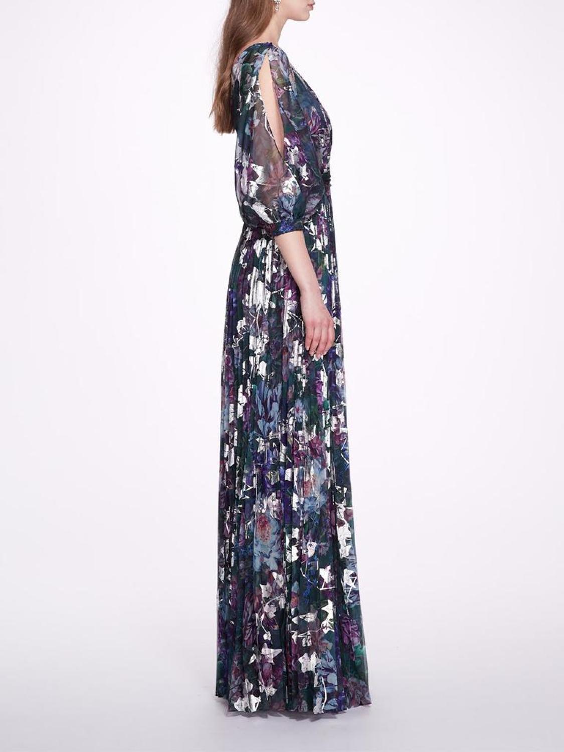 Pleated Printed Chiffon Gown
