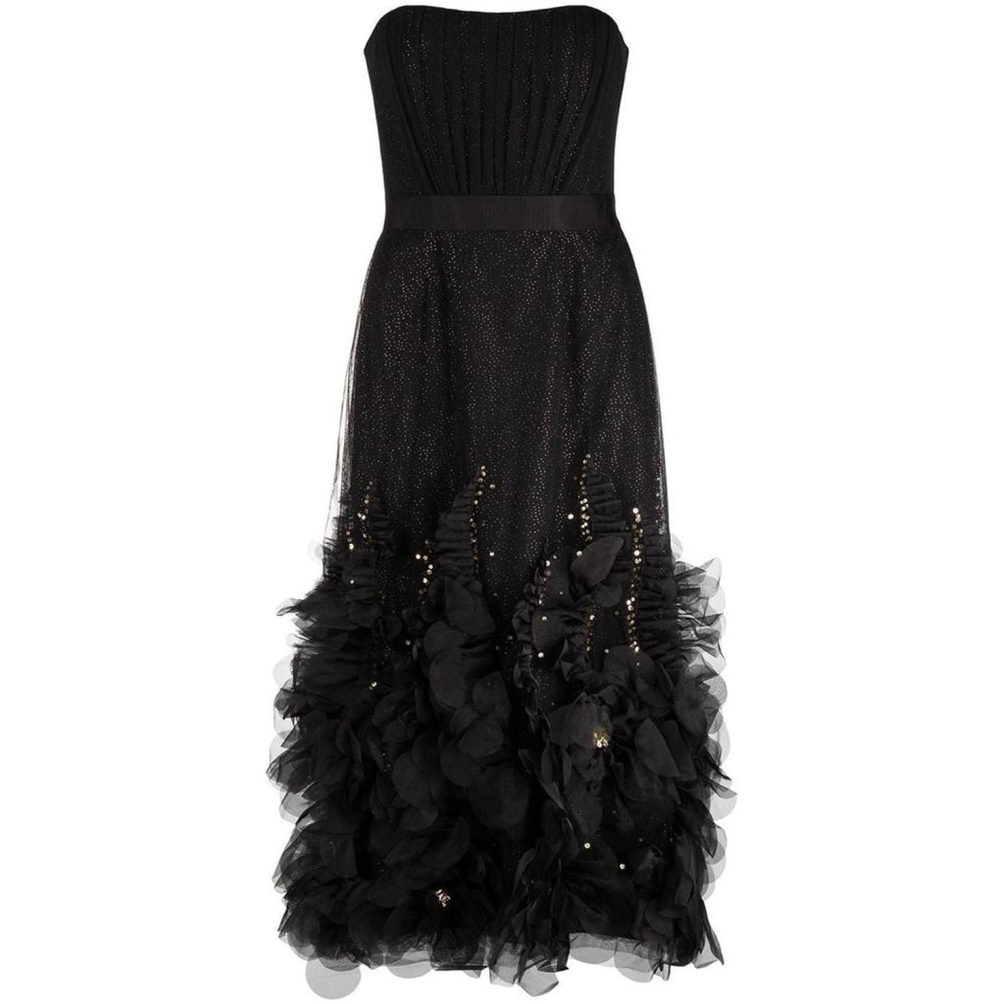 Strapless Glitter Tea-Length Tulle Gown