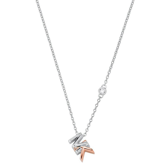 Two-Tone Sterling Silver Cubic Zirconia & Layered Logo Pendant Necklace, 16" + 2" extender