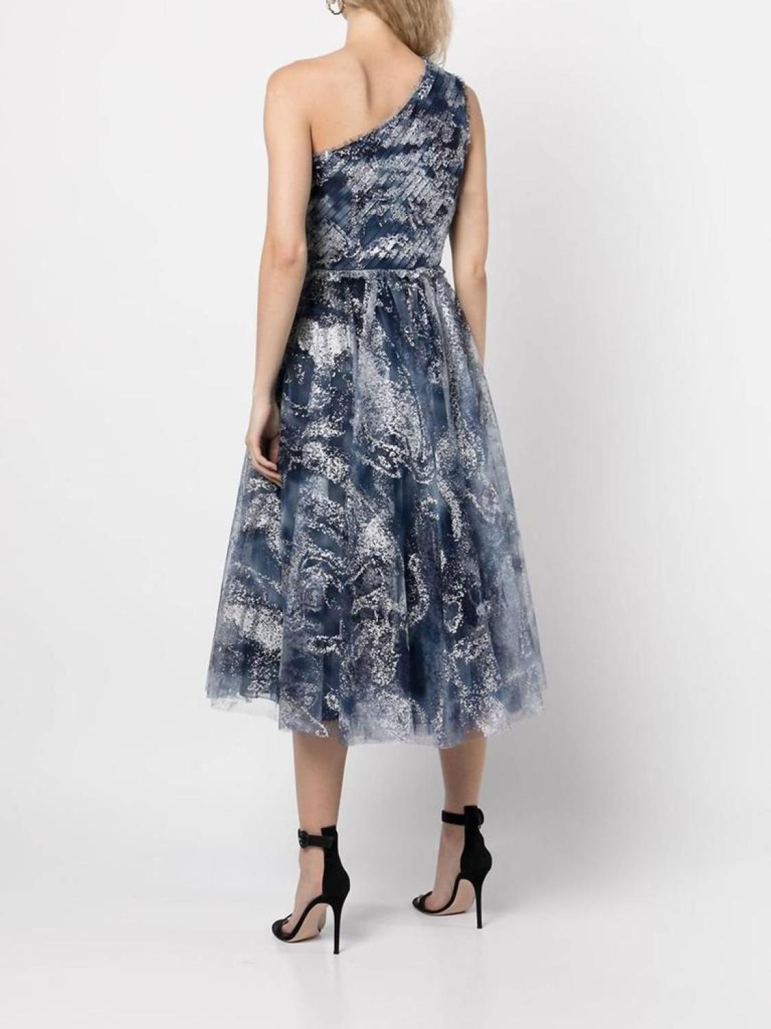 One-Shoulder Tulle Tea-Length Gown In Navy