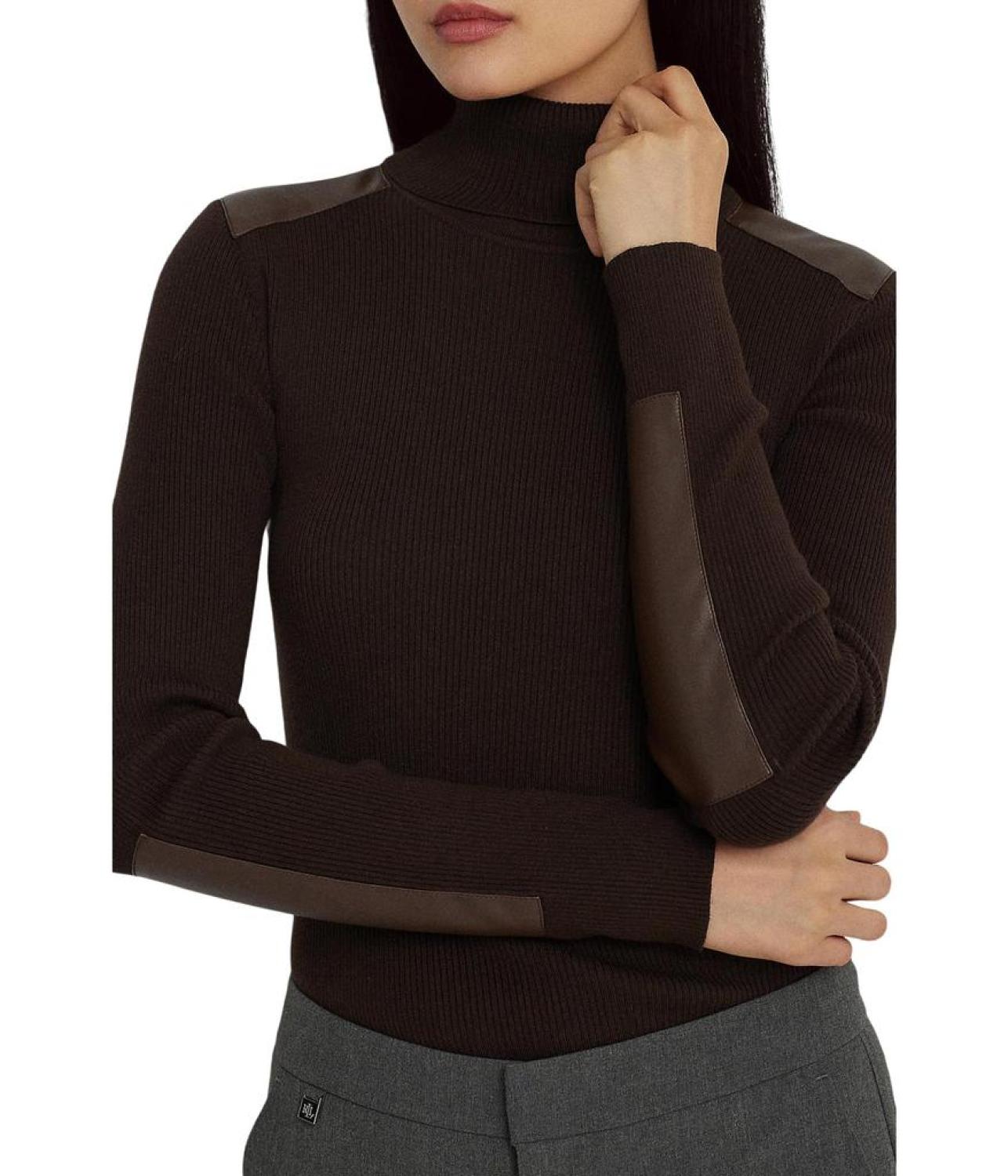 Ralph Lauren Dark Brown Ribbed Turtleneck Faux Leather-Trim Ribbed