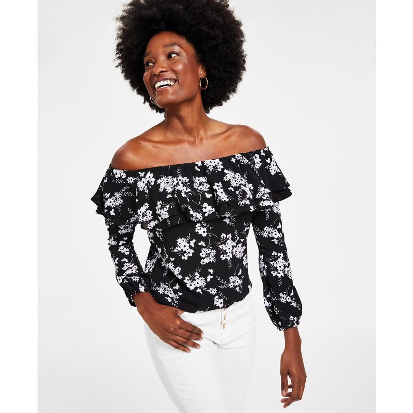 Women's Botanical-Print Off-the-Shoulder Top, P/XS-