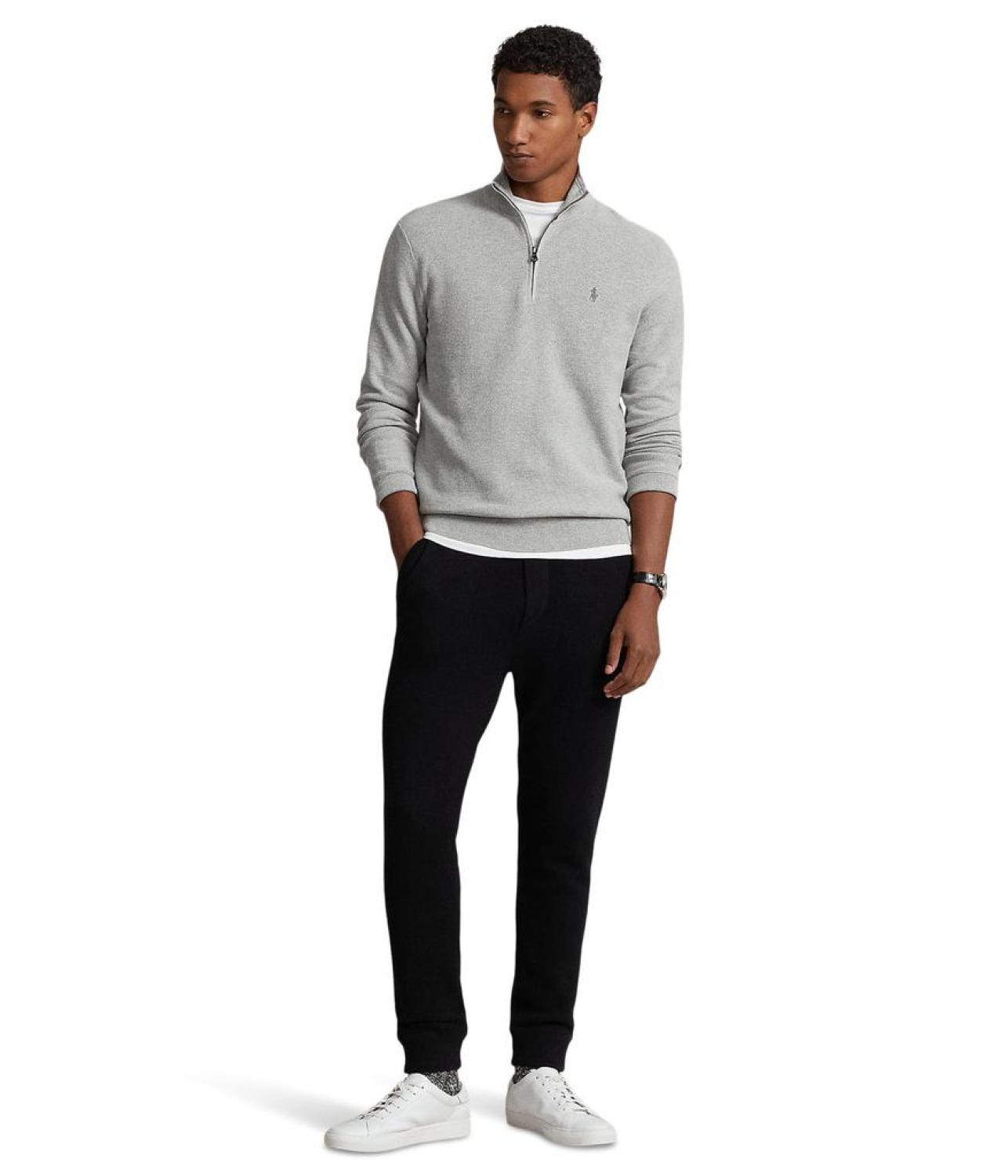 Mesh-Knit Cotton 1/4 Zip Sweater