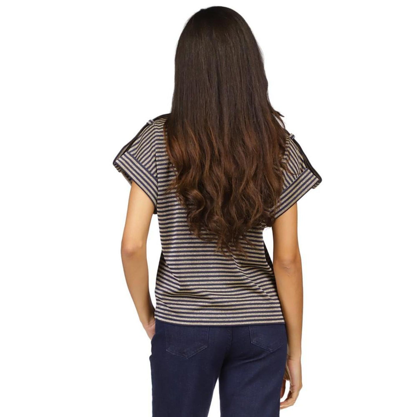Women's Metallic-Stripe Epaulette Short-Sleeve Top