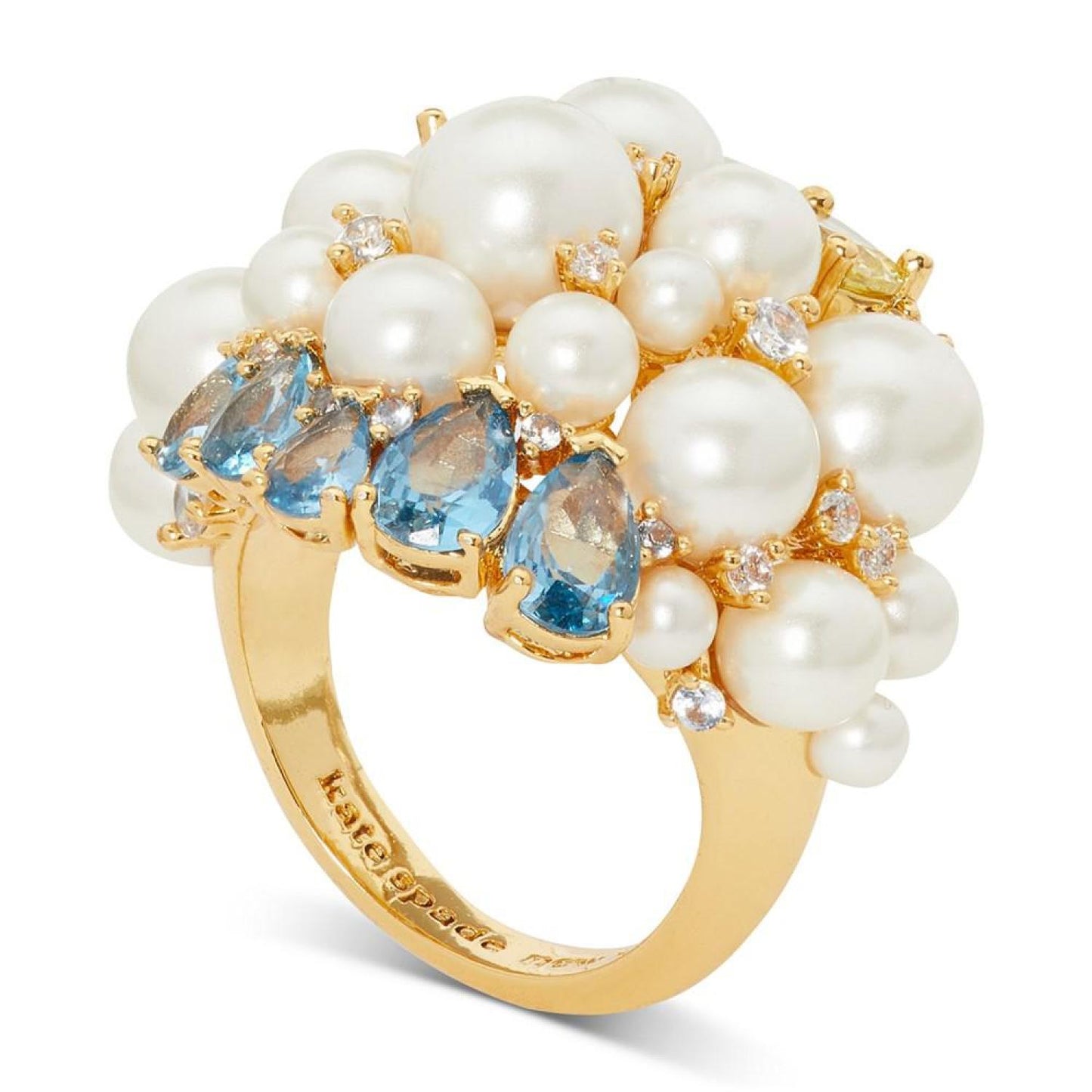 Gold-Tone Mixed Cubic Zirconia & Imitation Pearl Cluster Statement Ring