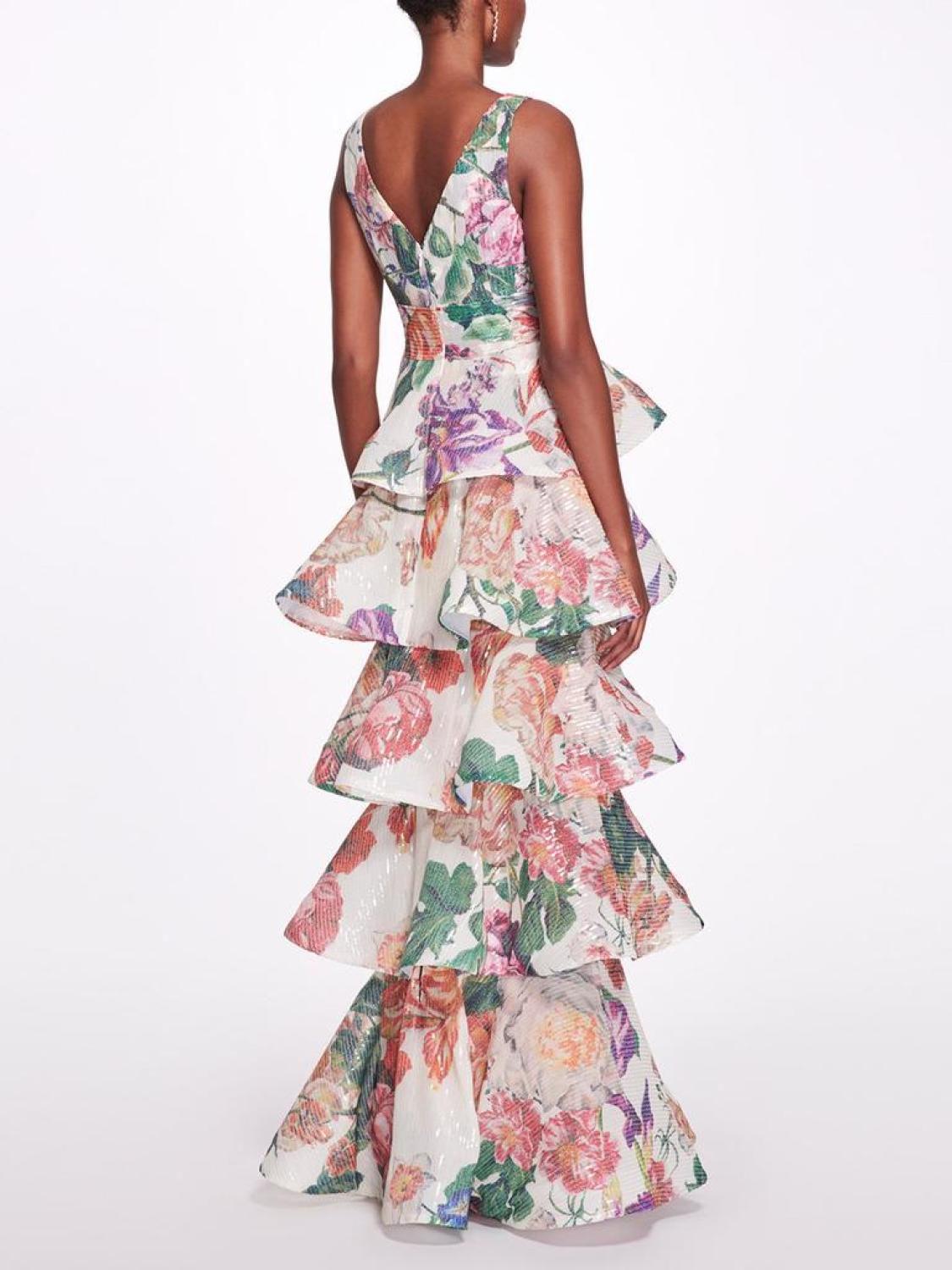 Plunging V-Neck Floral Printed Gown
