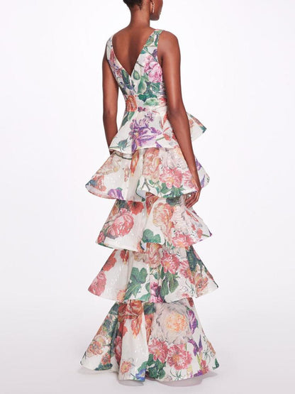Plunging V-Neck Floral Printed Gown