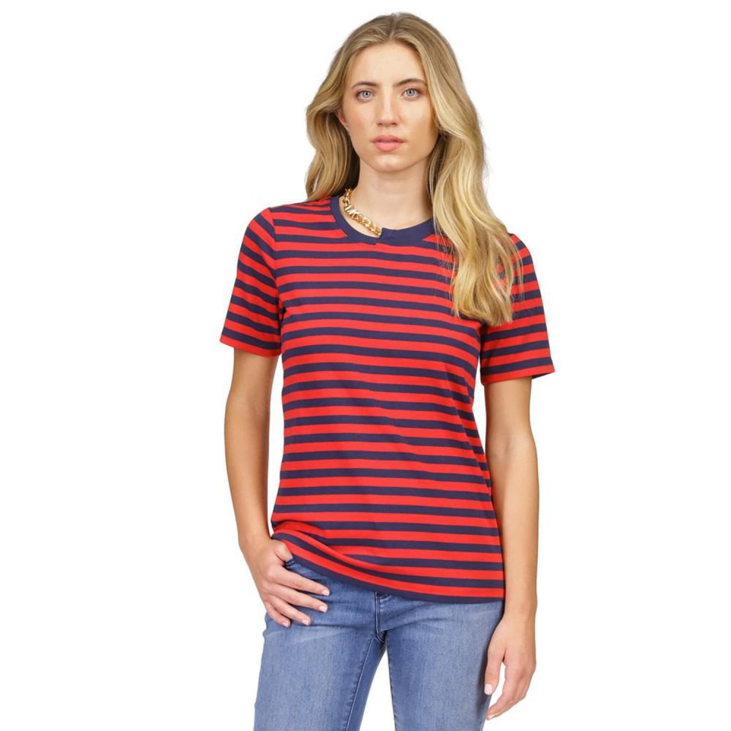 MICHAEL Women's Striped Chain-Neck T-Shirt