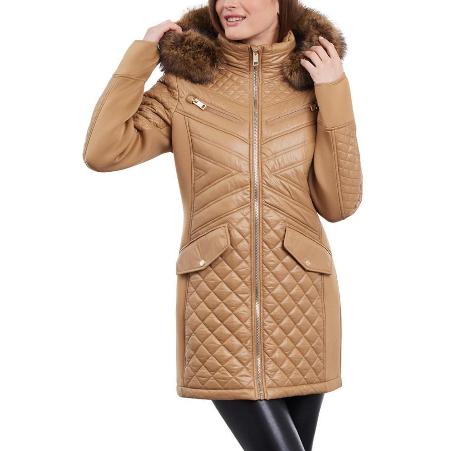 Women's Faux-Fur-Trim Hooded Quilted Coat