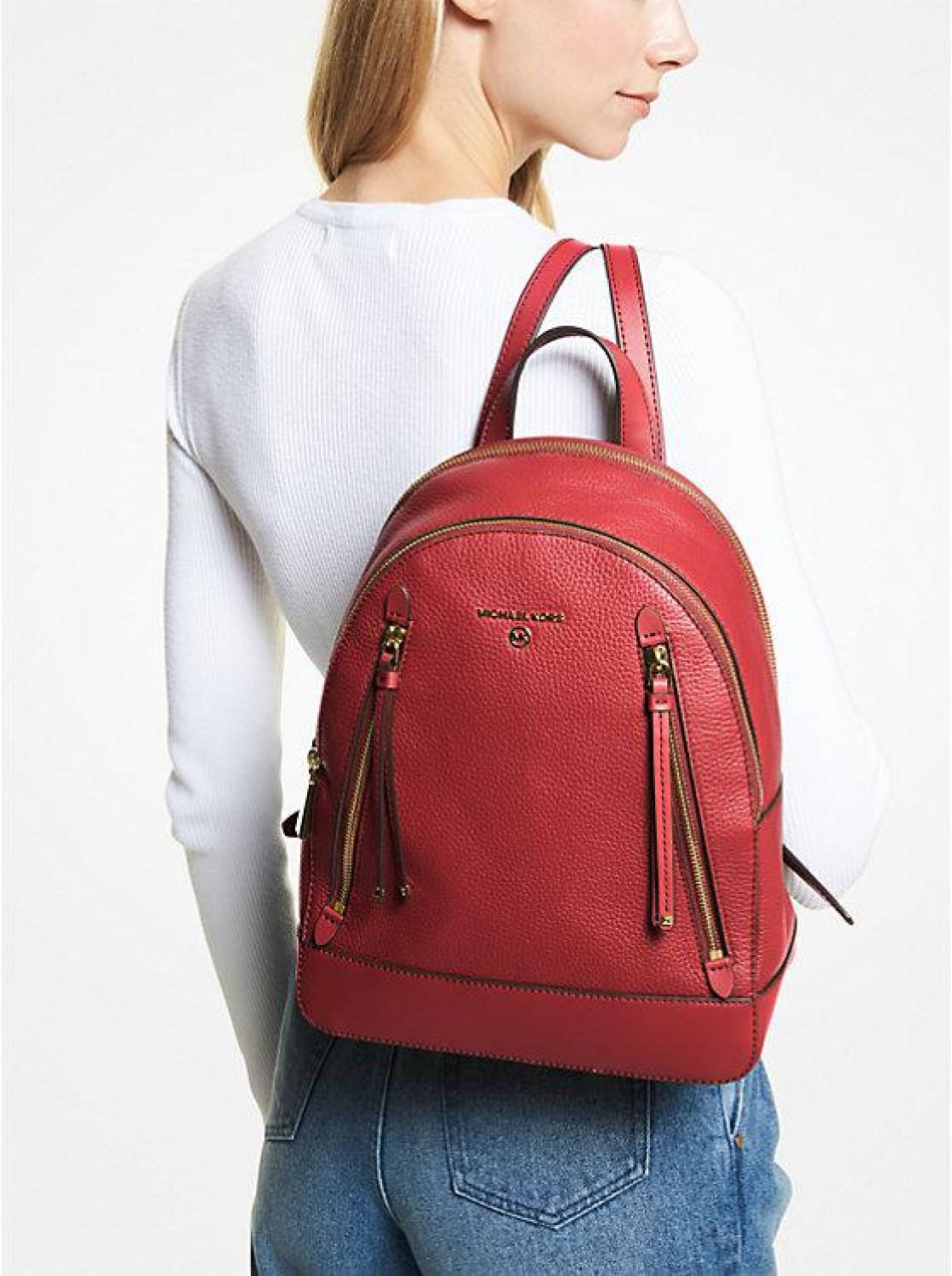 brooklyn leather medium backpack MK Brooklyn Medium Pebbled Leather Backpack - Crimson