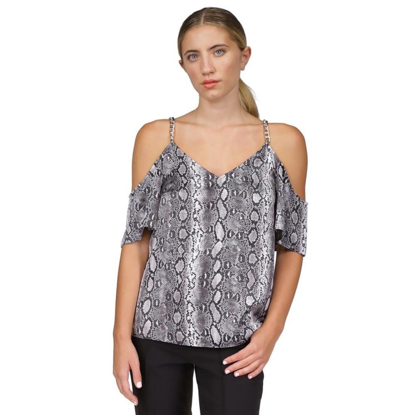 Women's Snakeskin-Print Cold-Shoulder Chain Top