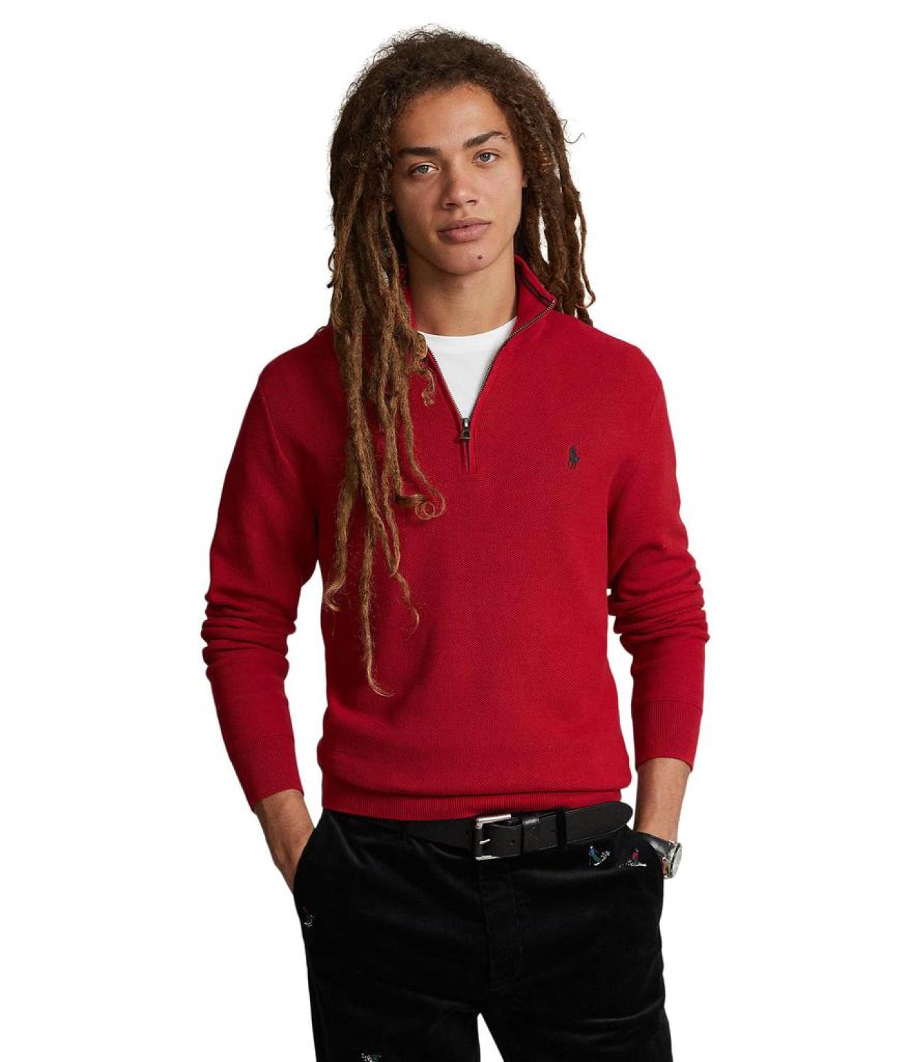 Mesh-Knit Cotton 1/4 Zip Sweater