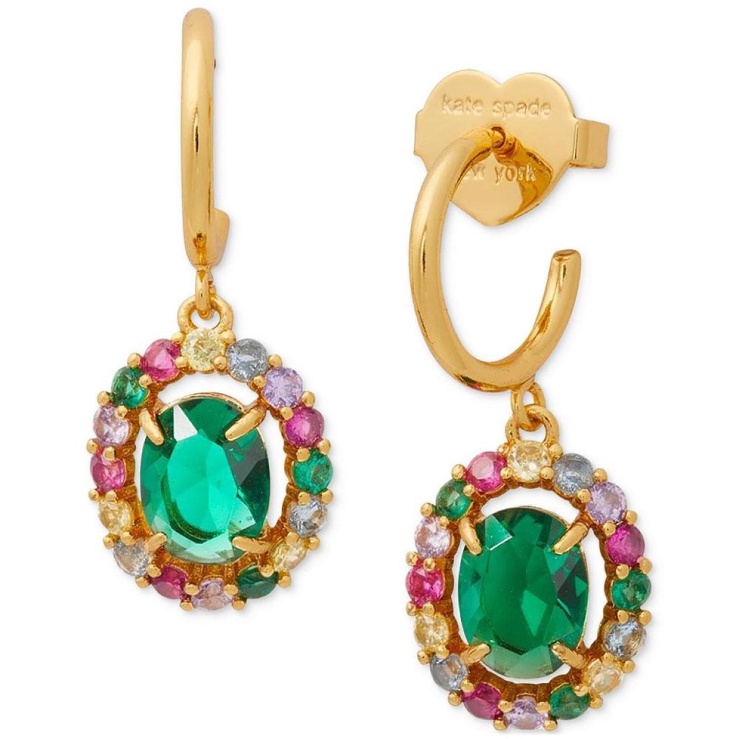 Gold-Tone Color Cubic Zirconia Oval Halo Charm Huggie Hoop Earrings