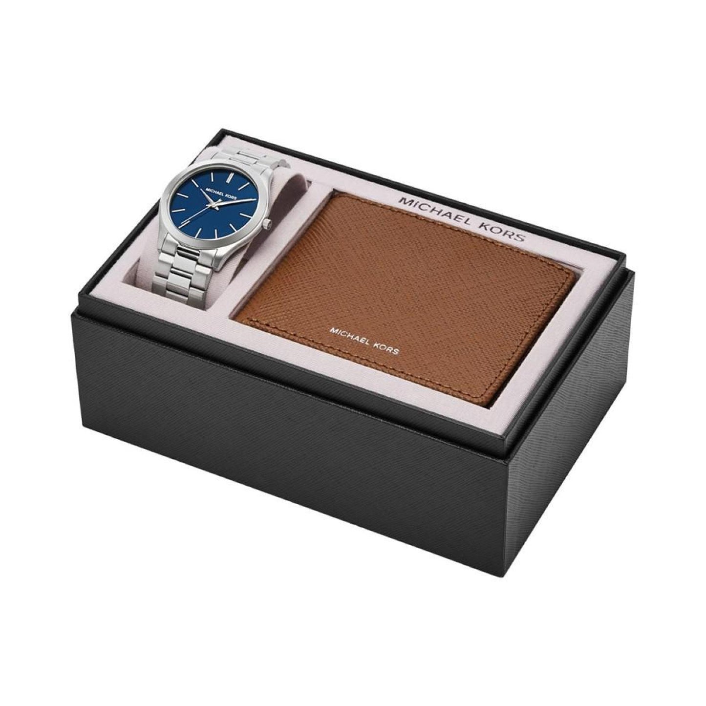Men's Slim Runway Three-Hand Silver-Tone Stainless Steel Bracelet Watch 44mm and Luggage Saffiano Leather Wallet Set