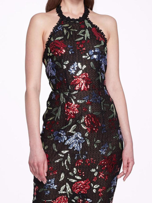 Sleeveless Halter Embroidered Sequin Gown