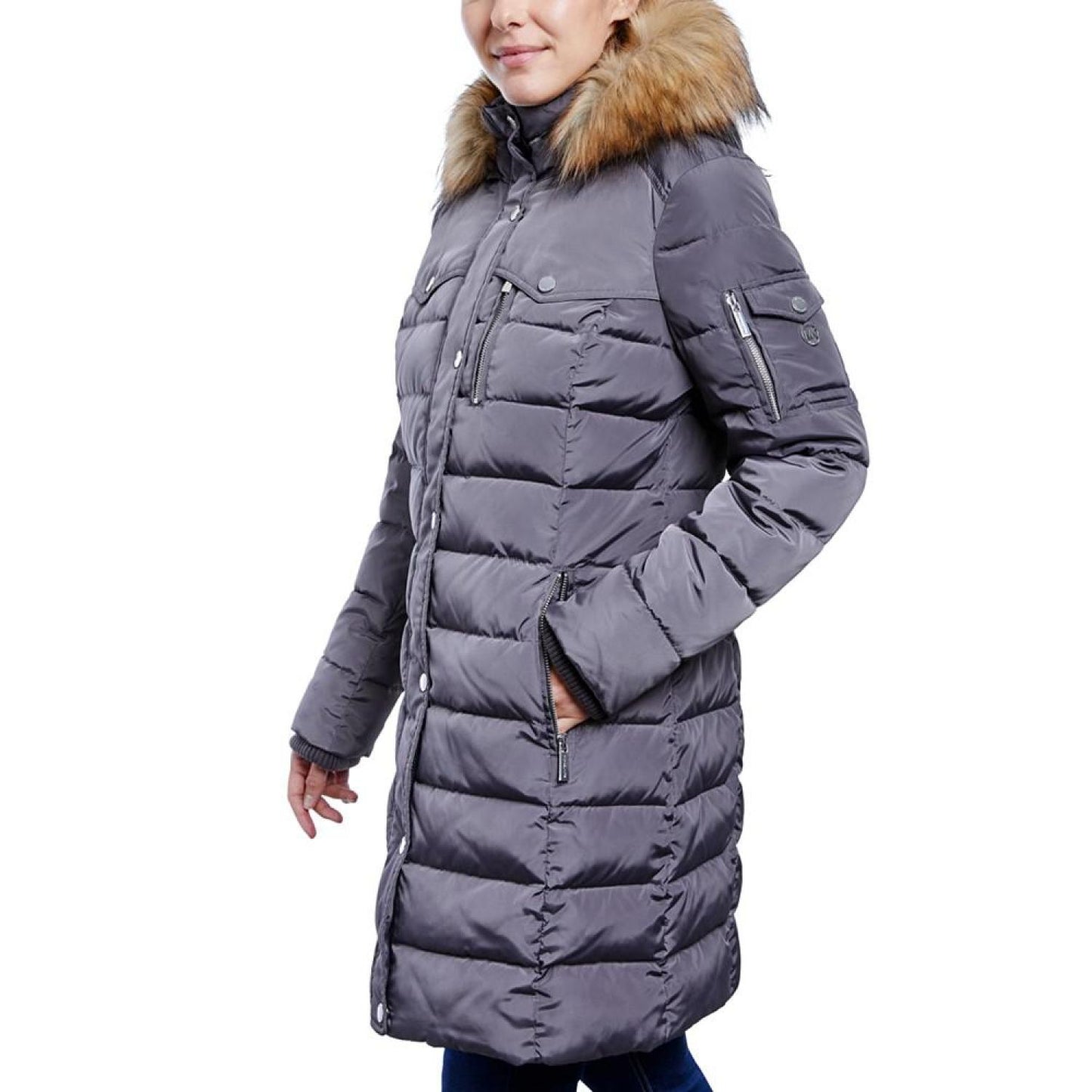 Fur Collar Quilted Nylon Belted Puffer Coat Michael Kors Fur