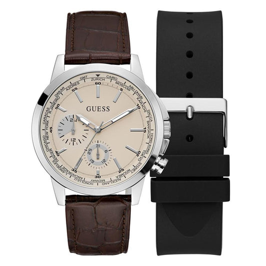 Men's Multi-Function Brown Genuine Leather Watch 44mm Gift Set