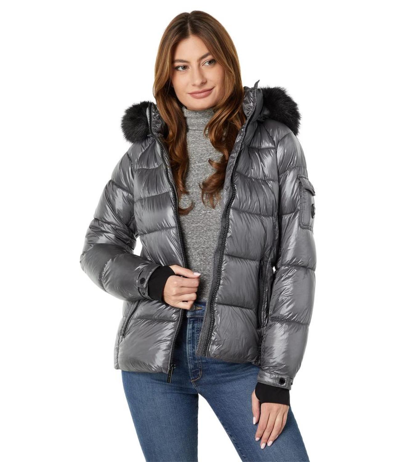 Short Puffer with Faux Fur Trim Hood Jacket M425739QZ