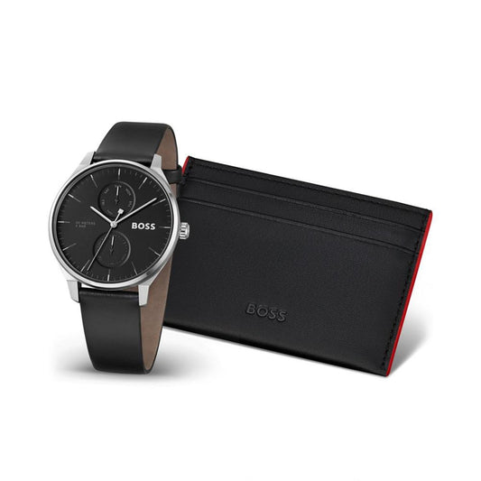 Men's Tyler Quartz Multifunction Black Leather Watch 43mm, Black Leather BOSS Card Holder Gift Set