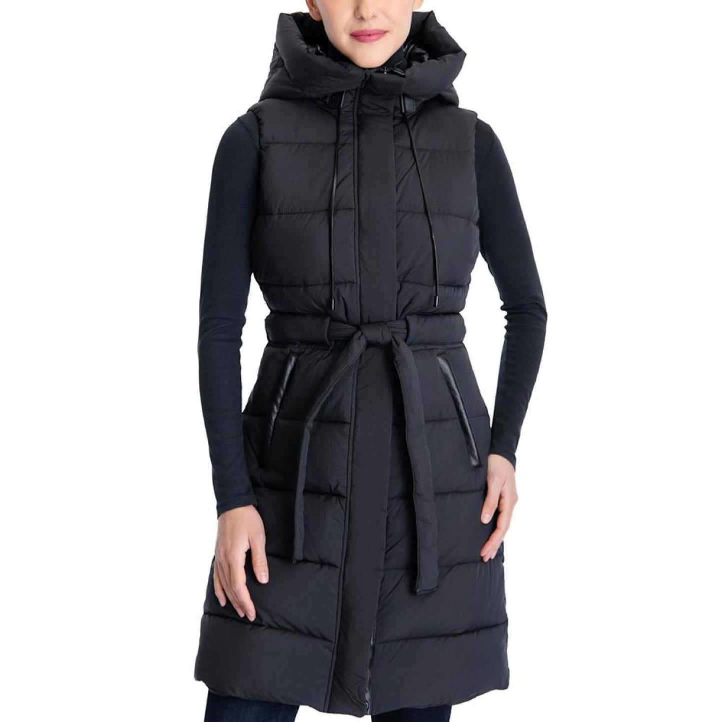 Women's Long Hooded Belted Puffer Vest, Created for Macy's