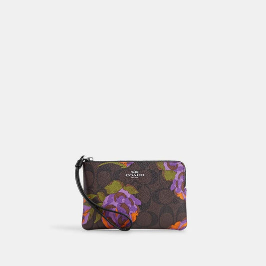 Coach Outlet Corner Zip Wristlet In Signature Canvas With Rose Print