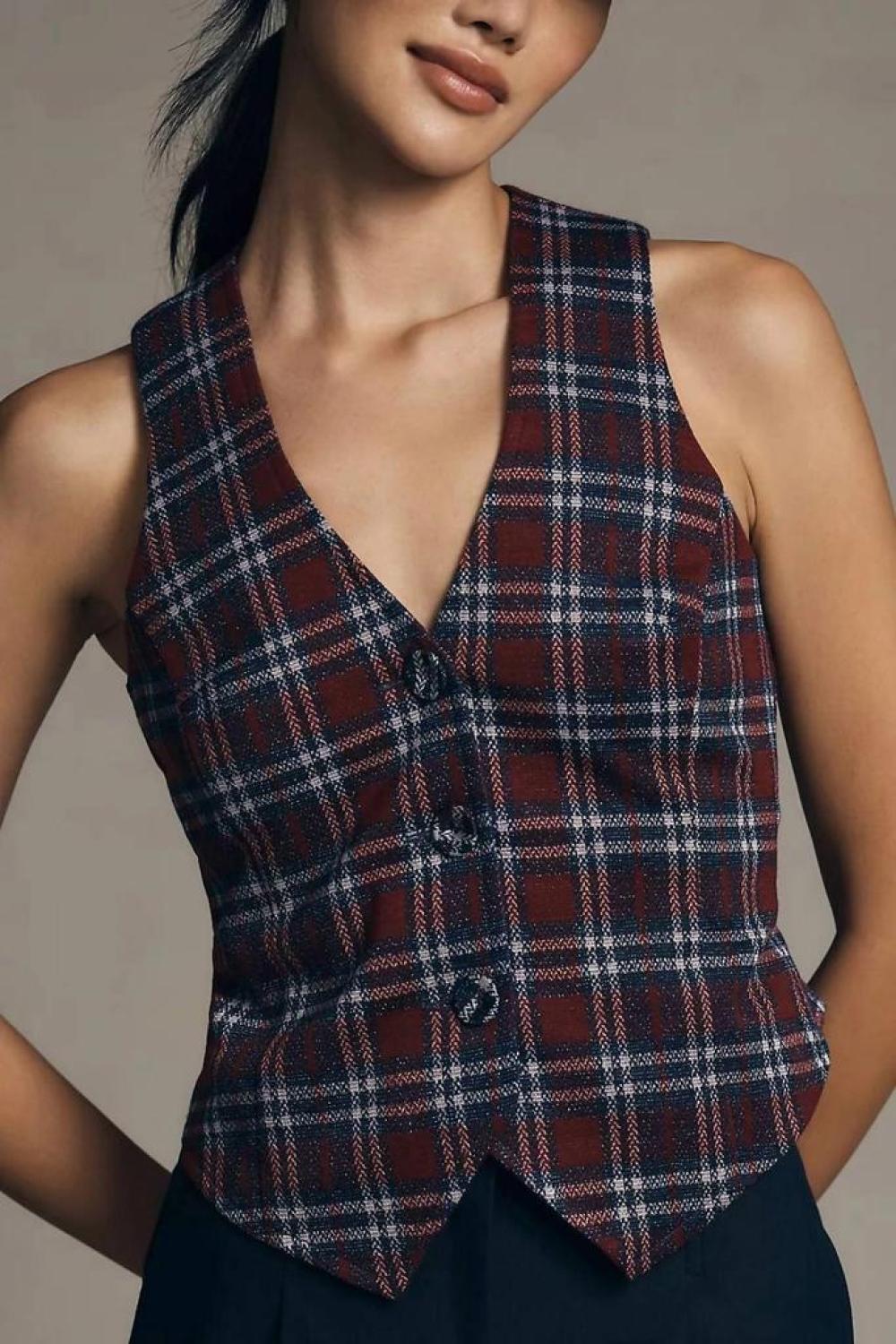 Plaid Button-Front Vest In Navy
