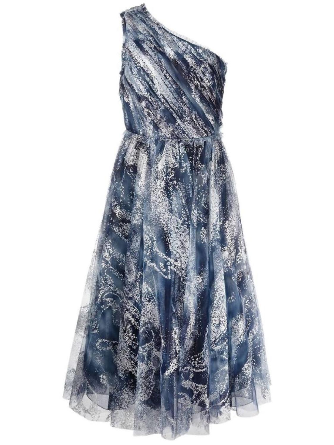 One-Shoulder Tulle Tea-Length Gown In Navy
