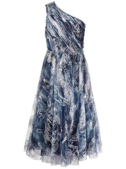One-Shoulder Tulle Tea-Length Gown In Navy