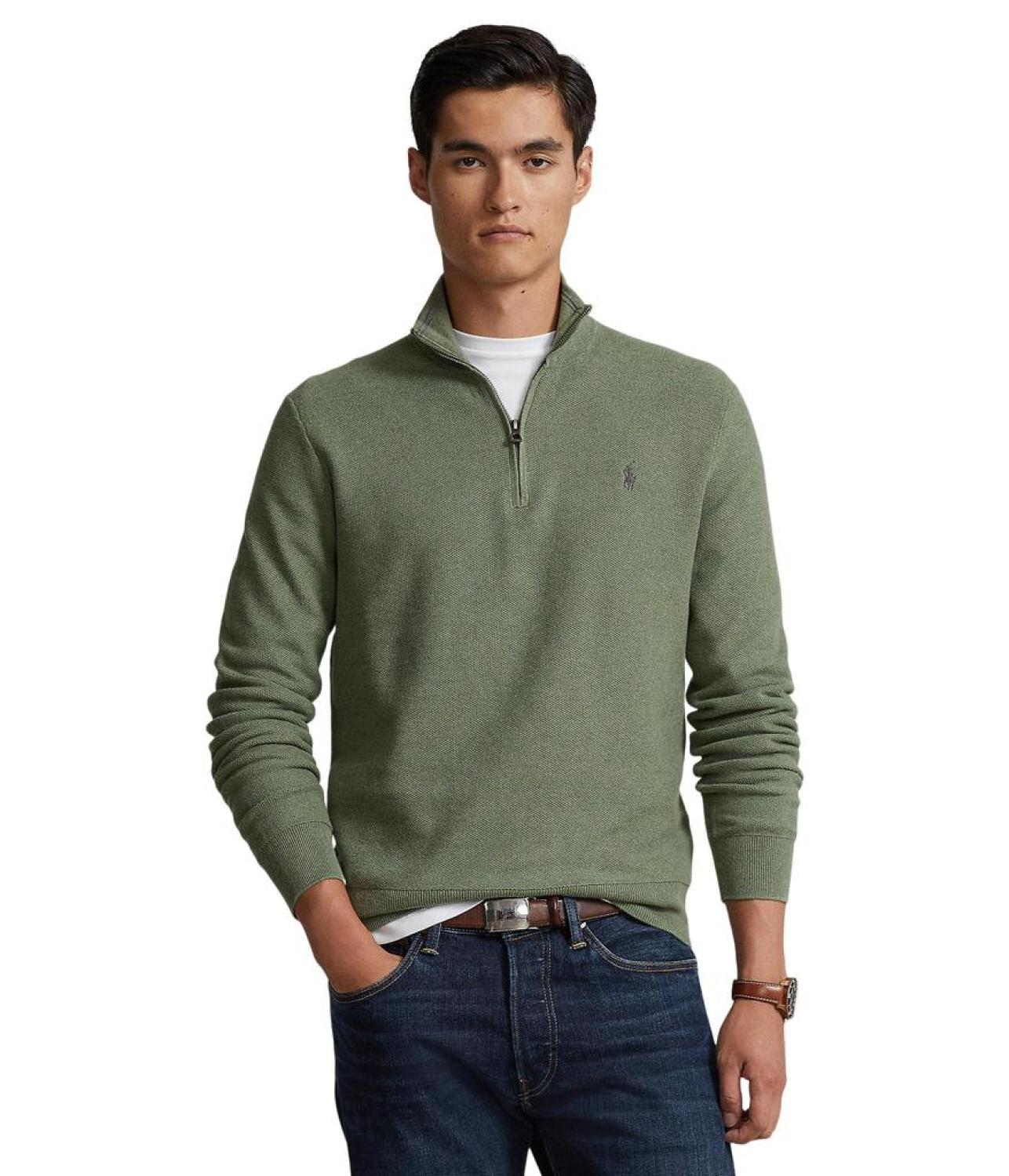 Mesh-Knit Cotton 1/4 Zip Sweater