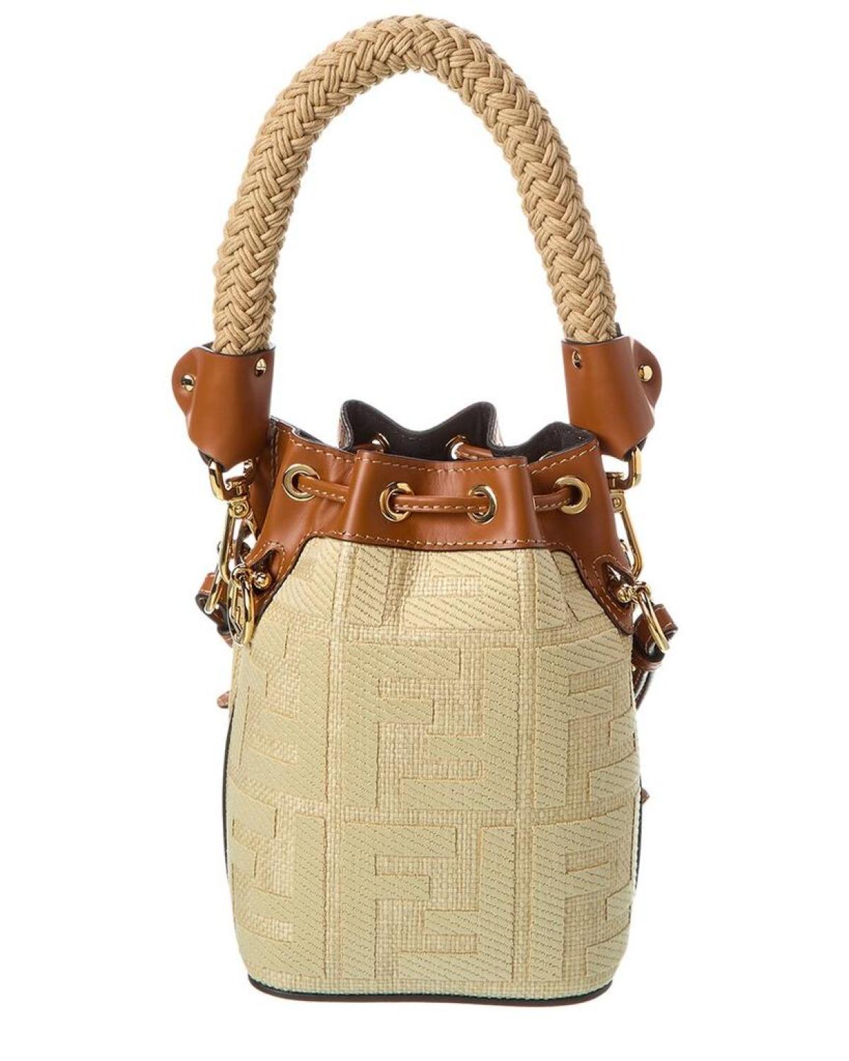 FENDI Mon Tresor Mini FF Raffia Leather Bucket Bag