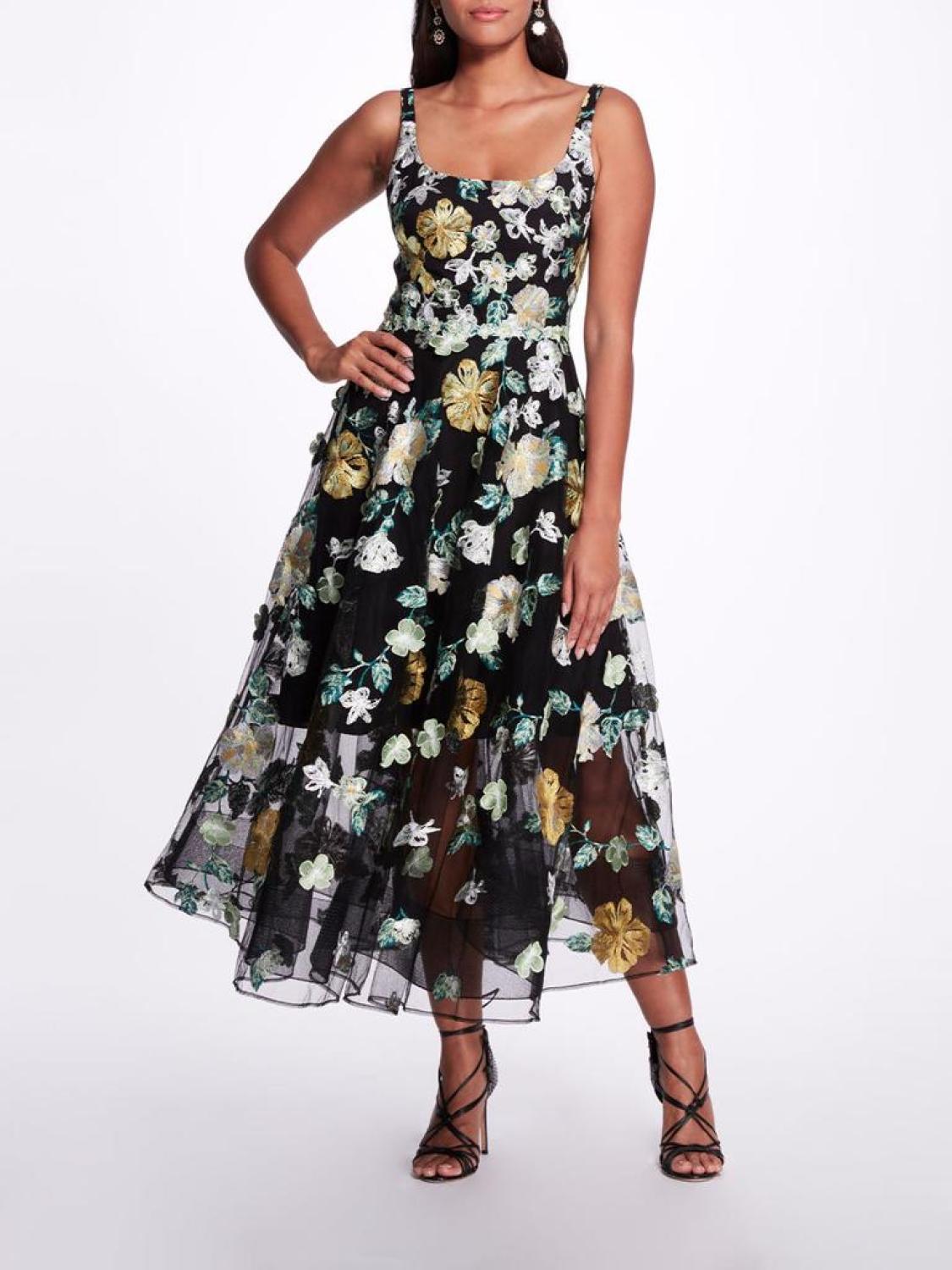 Embroidered Floral Tea Length Gown