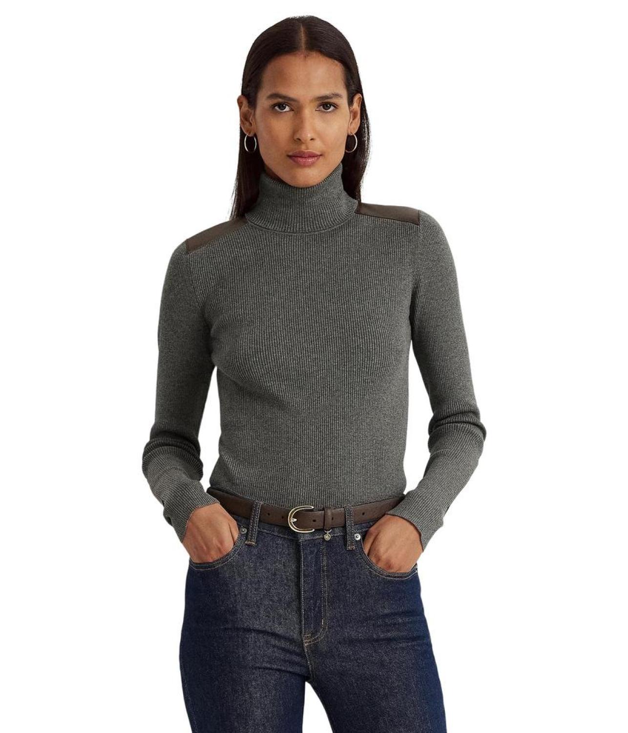 Faux Leather-Trim Ribbed Turtleneck