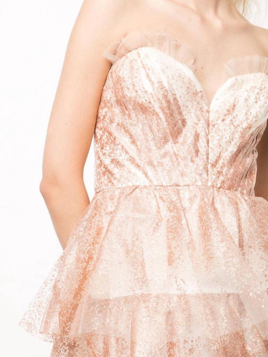 Glitter-Tulle Tiered Strapless Gown In Ivory