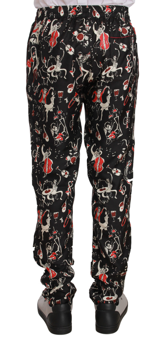 Dolce & Gabbana Elegant Black Silk Lounge Pants with Red Print