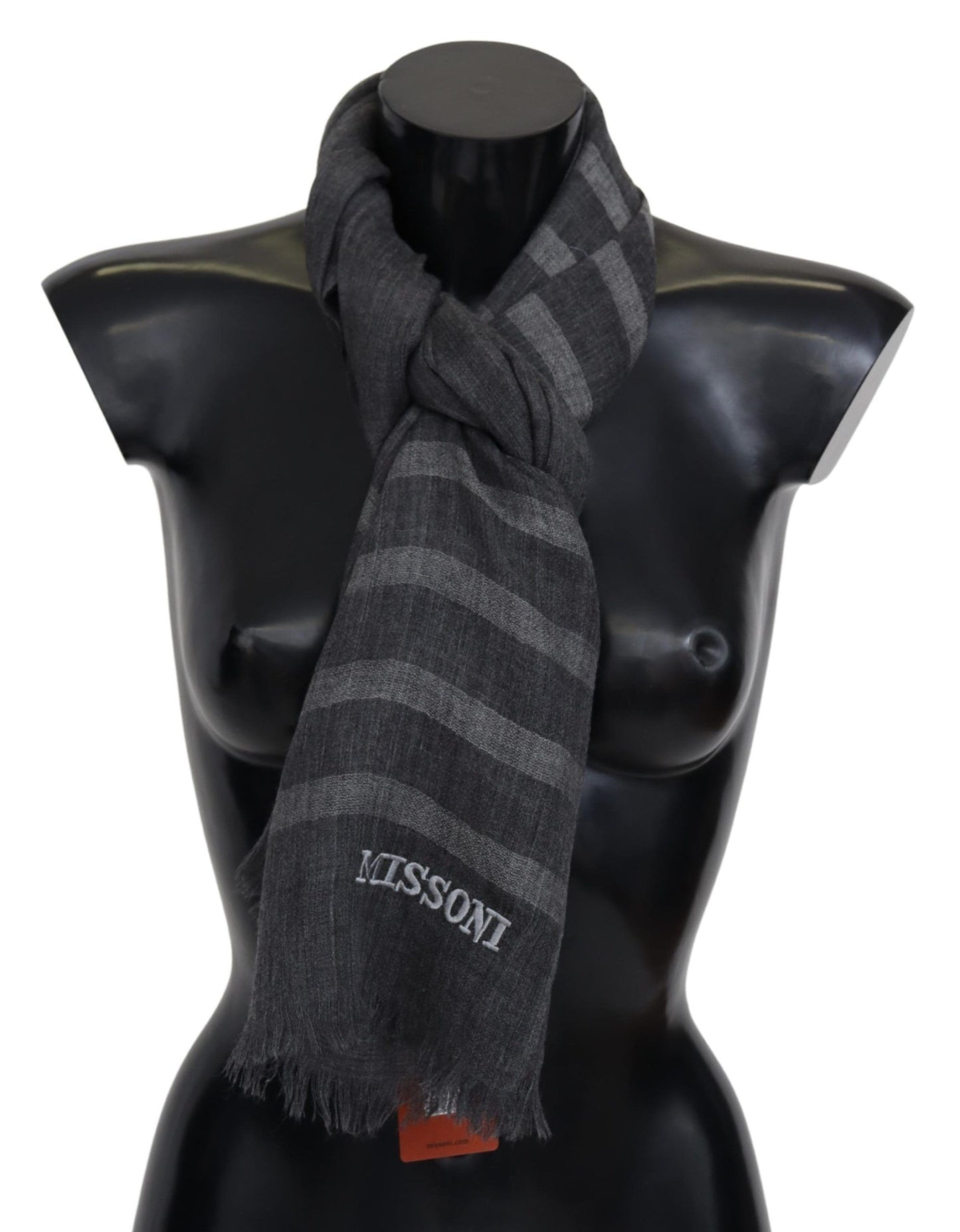 Missoni Gray Striped Wool Unisex Neck Wrap Fringes Scarf