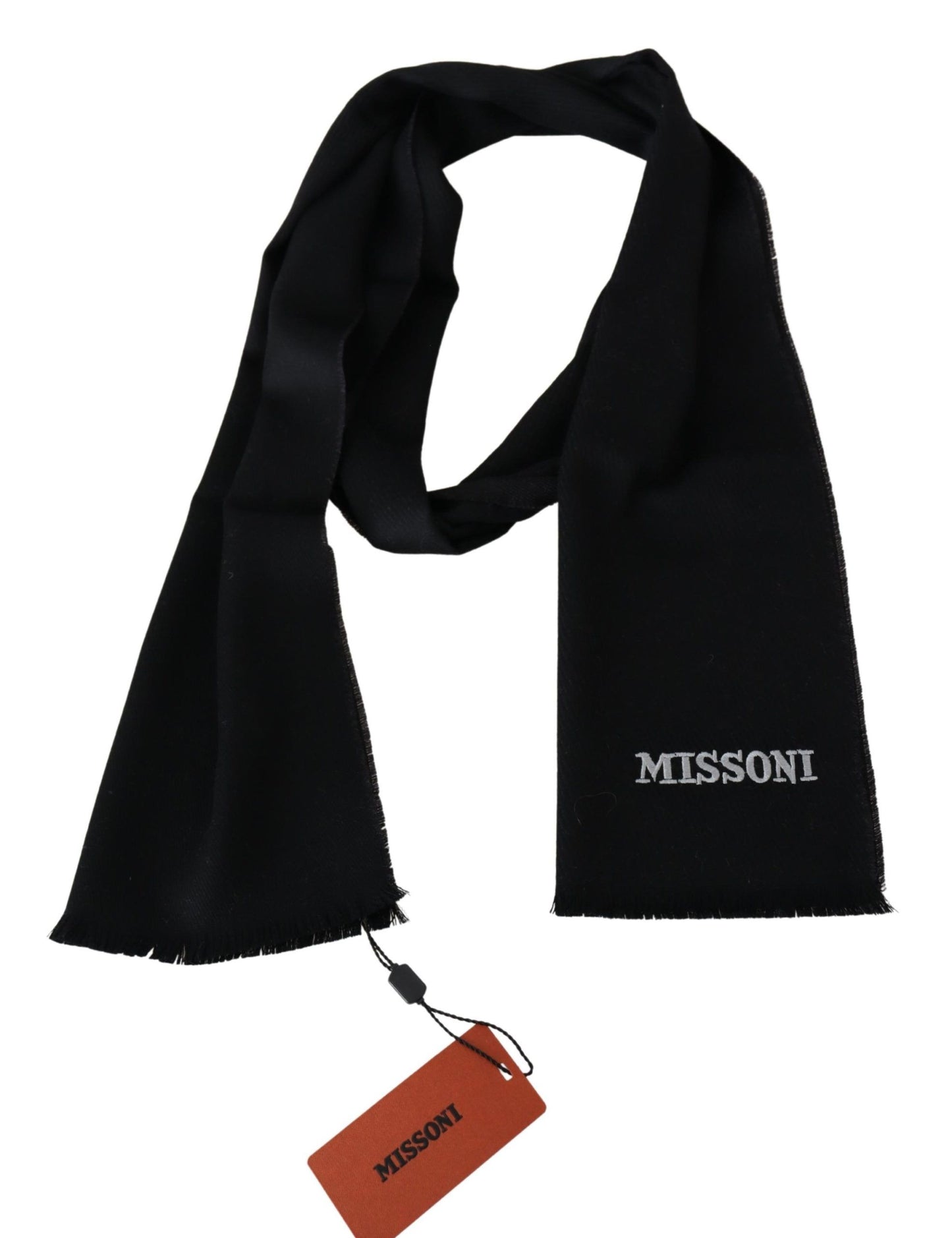 Missoni Black 100% Wool Unisex Neck Wrap Fringes Logo Scarf