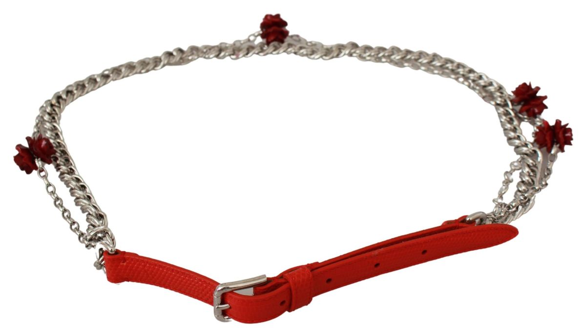 Dolce & Gabbana Red Leather Roses Floral Silver Waist Belt