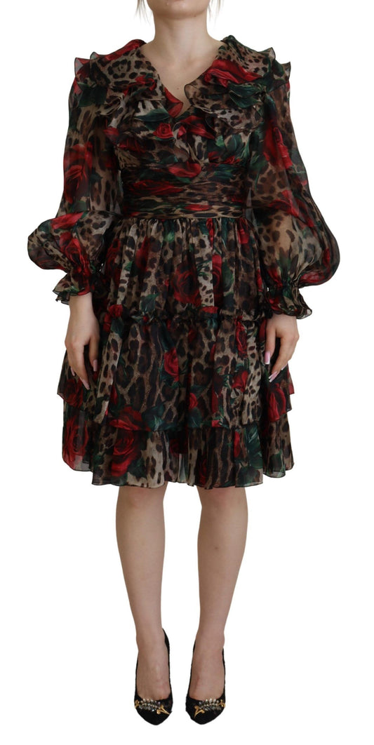 Dolce & Gabbana Silk Leopard Print & Red Roses Dress