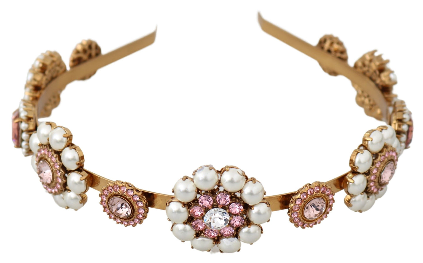 Dolce & Gabbana Gold Tiara Crystal Floral Pearl Headband Logo Diadem