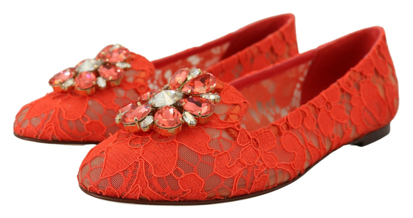 Dolce & Gabbana Red Taormina Lace Crystals Ballet Flats Shoes