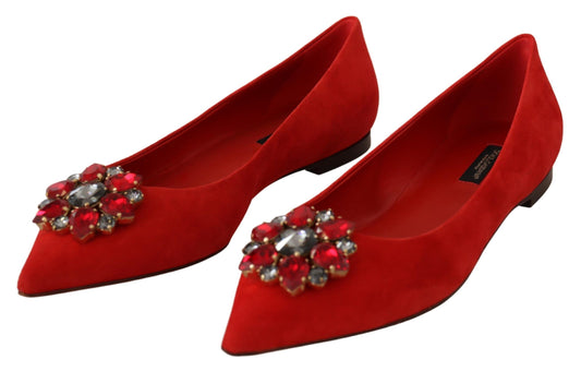 Dolce & Gabbana Crystal Embellished Red Suede Flats