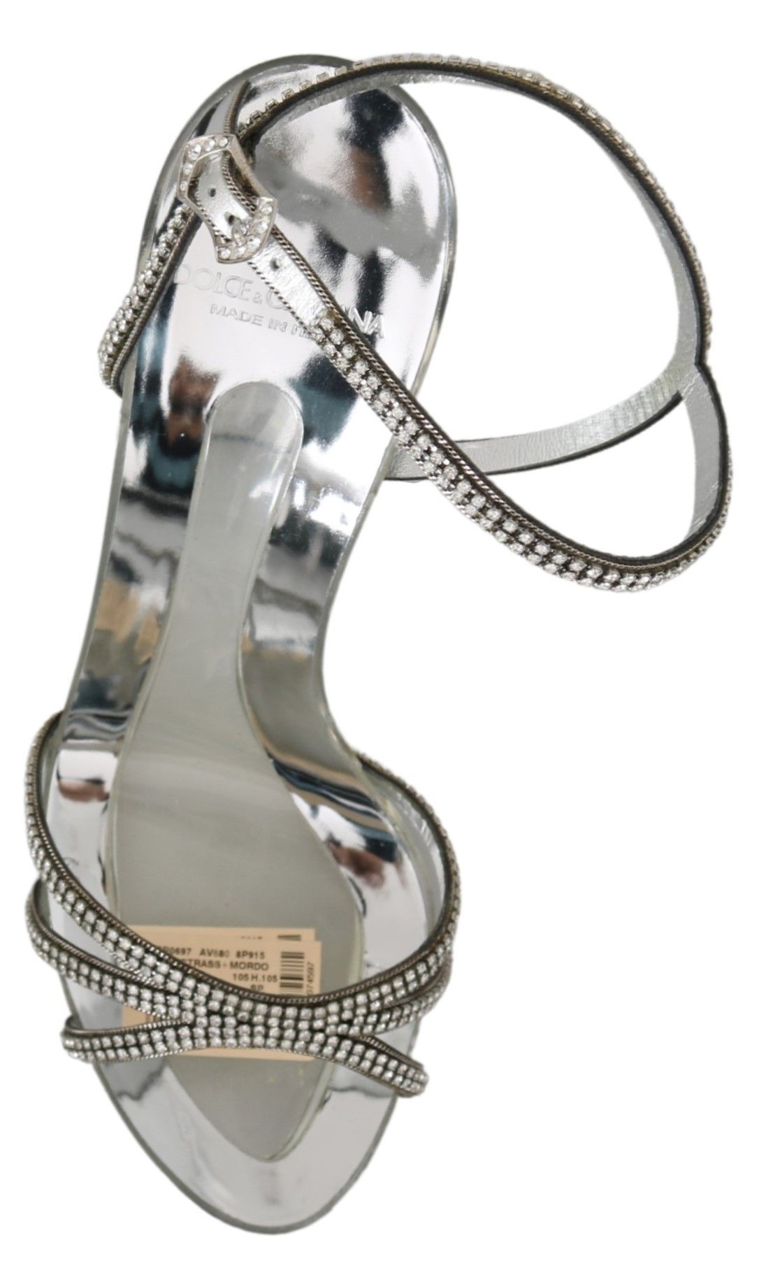 Dolce & Gabbana Silver Leather Ankle Strap Sandals with Crystals