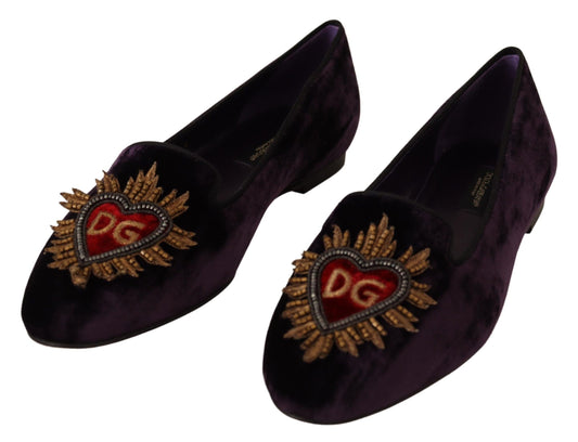 Dolce & Gabbana Chic Purple Velvet Loafers with Heart Detail